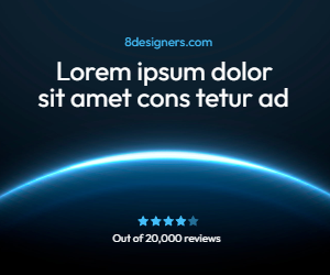 Ad banner with a round blue orbit